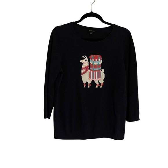 Talbots Sz M Navy Blue Whimsical Llama Embellished 3/4 Sleeves Crewneck Sweater - Picture 2 of 9